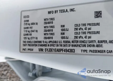 2023 Tesla Model 3 Rear-Wheel Drive from USA, damaged, VIN 5YJ3E1EA8PF494383